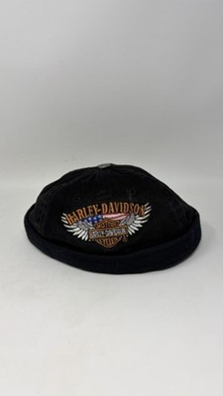Harley-Davidson Docker Hat Fisherman Cap Brimless Black Denim Wings Embroidered